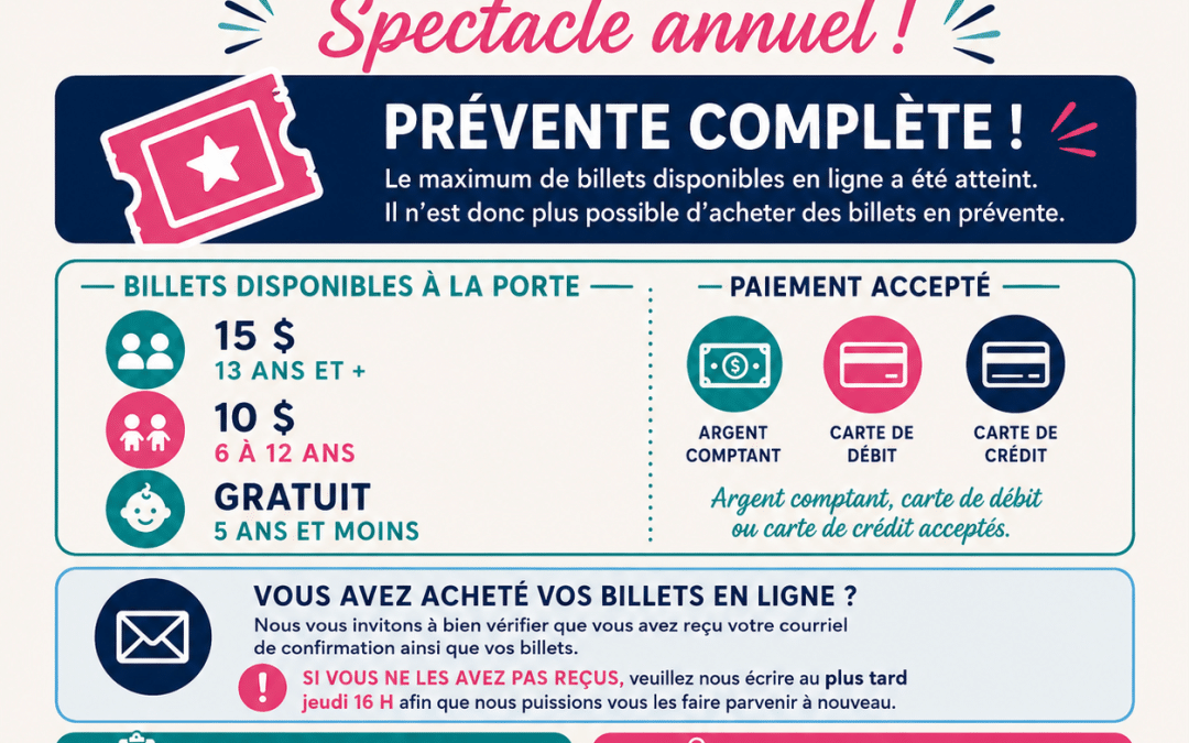 🎭 Spectacle annuel – Information importante concernant les billets